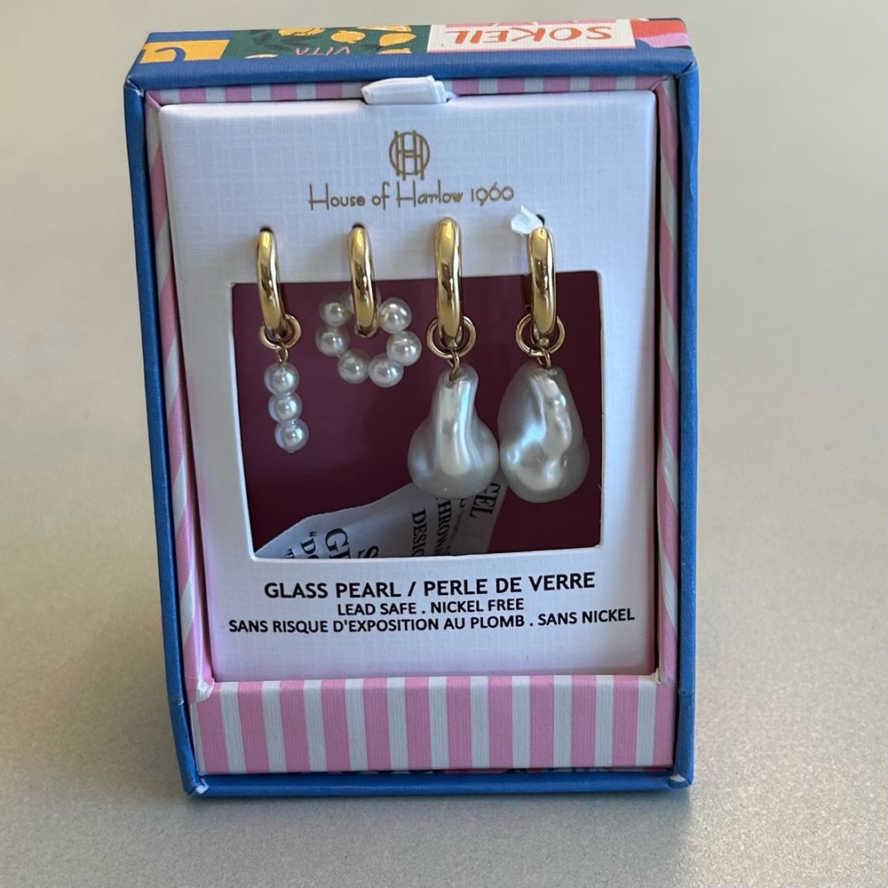House of Harlow 1960 Gold and Glass  Pearl Earrings Set 2 Pairs of Earrings